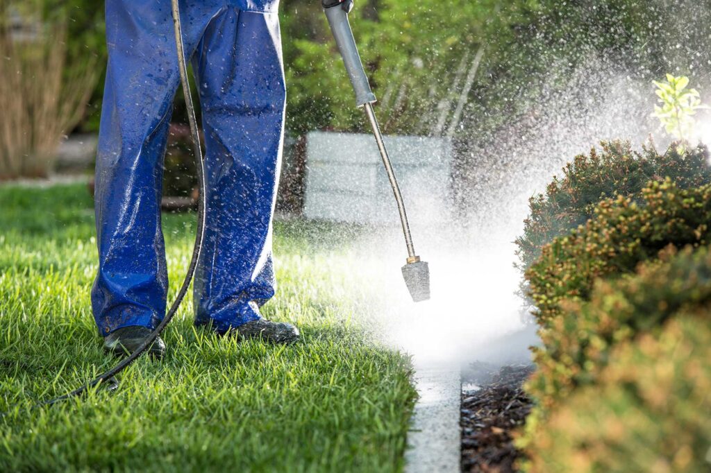 A person in blue overalls uses a pressure washer to clean a garden area, spraying water onto the grass and nearby plants. --- Please let me know if you need any further assistance!