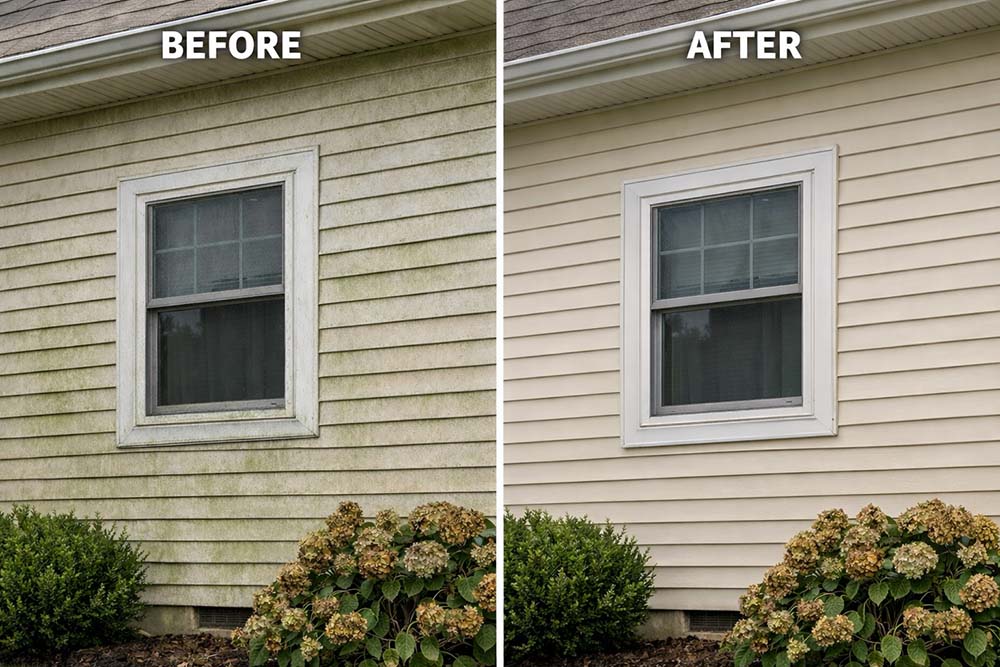 Before and after house washing.