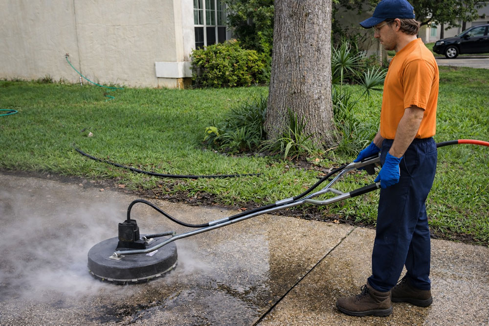 Driveway cleaning removing oil stains using hot water pressure washing on concrete driveway.