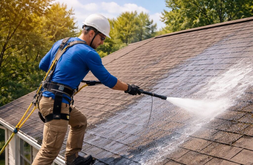 Roof cleaning using soft washing on shingle roof.