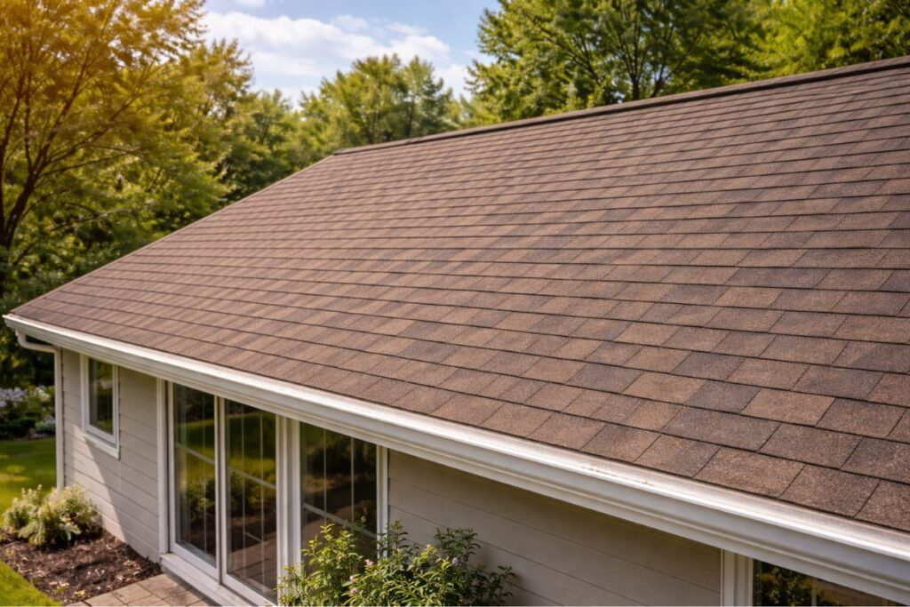 Residential roof after roof cleaning under clear sky.