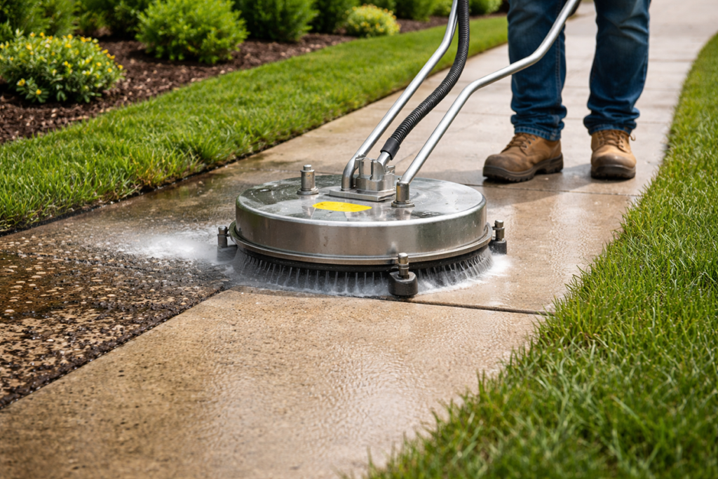 Sidewalk cleaning removing algae from concrete walkway.