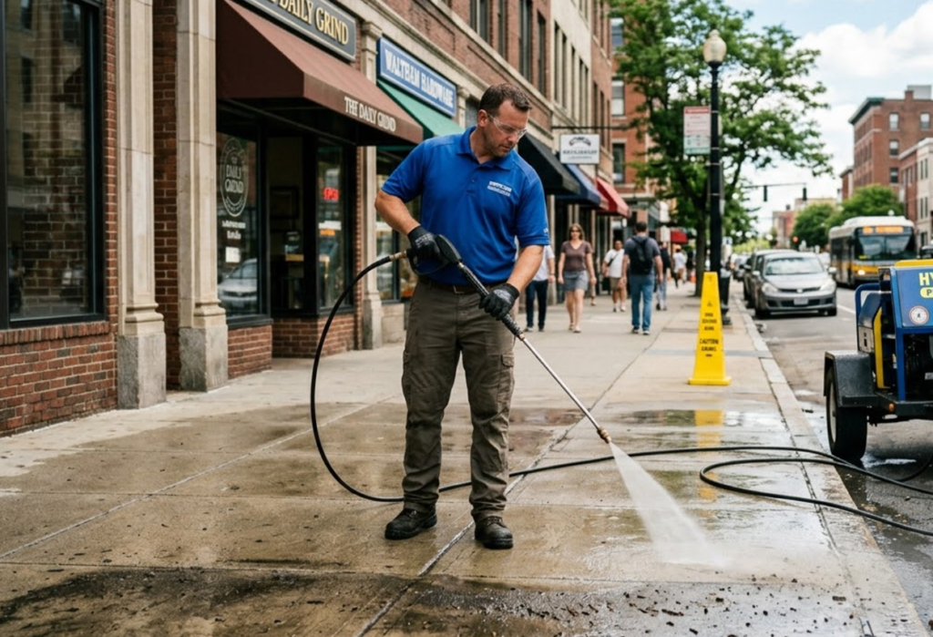 Professional sidewalk cleaning service at a storefront.